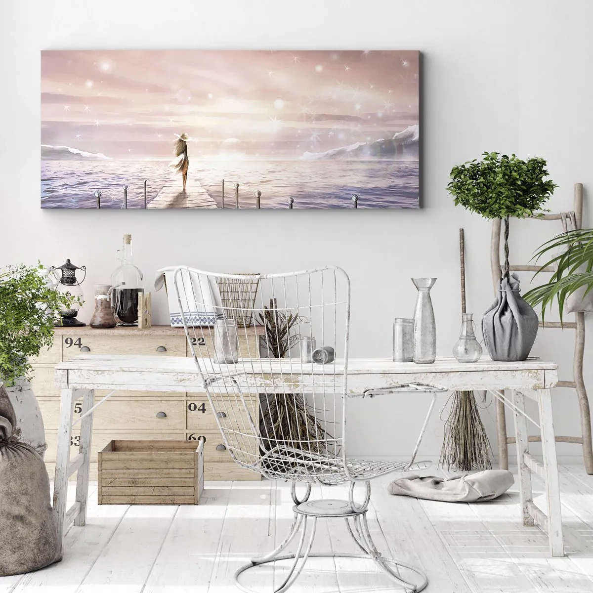 Obraz na płótnie - Kobieta na pomoście w magicznej scenerii zachodu słońca - 160x50cm - W świetle marzenia - Nowoczesna dekoracja ścienna do salonu i sypialni ARTTOR