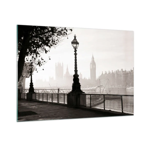 Obraz na szkle - Czarno-biała fotografia londyńskiej promenady z Big Benem - 100x70cm - Londyński poranek - Nowoczesna dekoracja ścienna do salonu, kuchni i sypialni ARTTOR