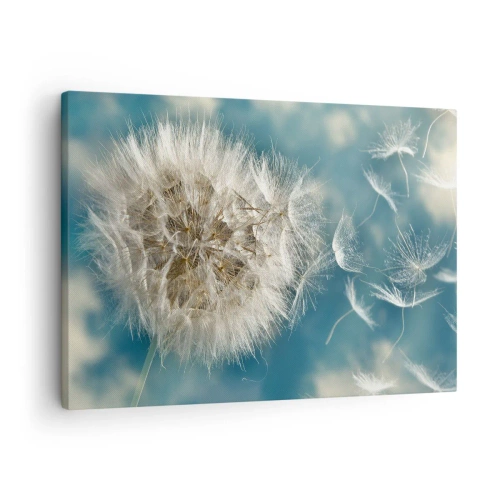 Obraz na płótnie - Zdmuchiwany dmuchawiec na tle niebieskiego nieba - 70x50cm - Oddech anioła - Nowoczesna dekoracja ścienna do salonu i sypialni ARTTOR
