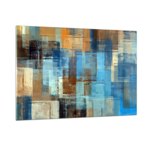Obraz na szkle - Abstrakcyjna kompozycja geometryczna w odcieniach niebieskiego i brązu - 120x80cm - Przez błękitną zasłonę - Nowoczesna dekoracja ścienna do salonu, kuchni i sypialni ARTTOR