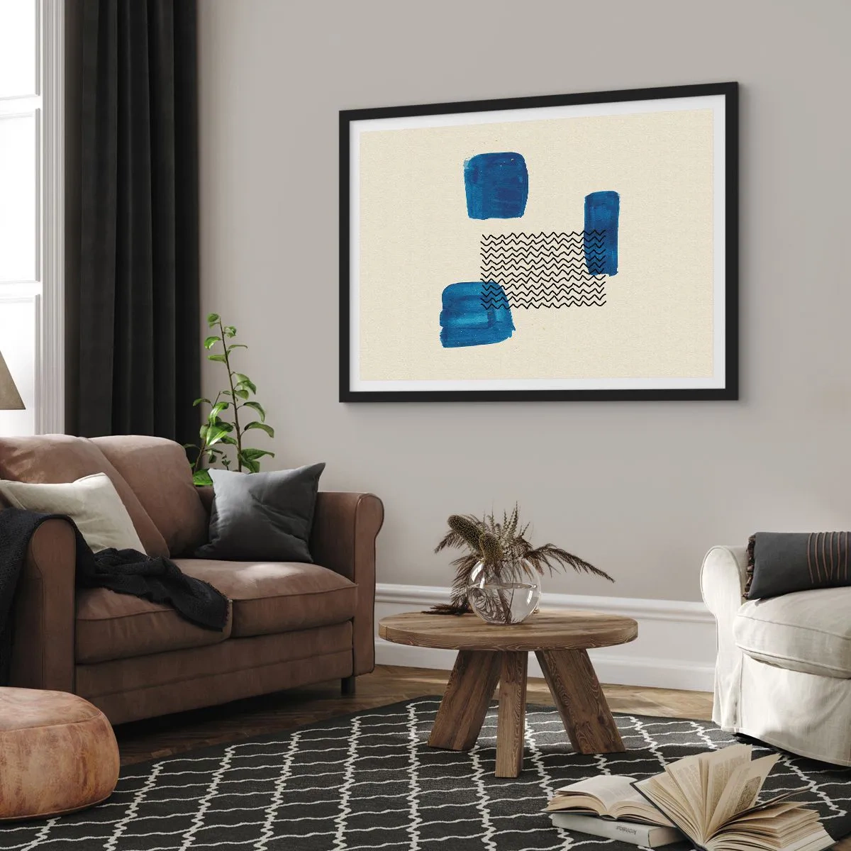 Plakat w czarnej ramie - Abstrakcyjna kompozycja z niebieskimi plamami i falistymi liniami - 100x70cm - Abstrakcyjny kwartet - Nowoczesna dekoracja ścienna do salonu i sypialni ARTTOR