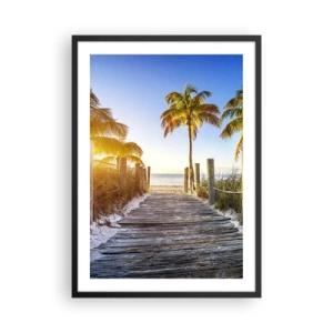 Plakat w czarnej ramie - Drewniana ścieżka na plażę z palmami w świetle słońca - 50x70cm - Prosto do raju - Nowoczesna dekoracja ścienna do salonu i sypialni ARTTOR
