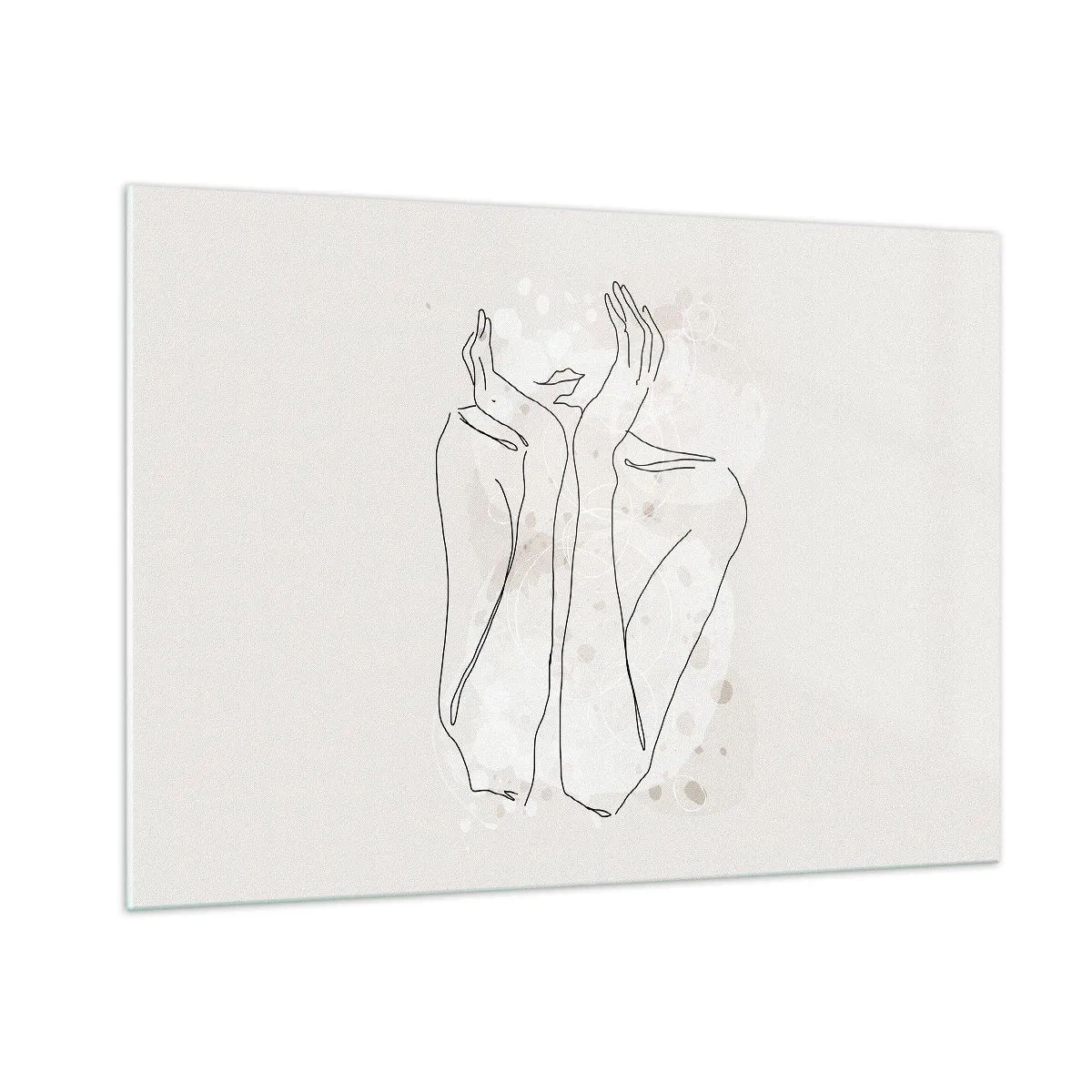 Obraz na szkle - Minimalistyczny szkic kobiecych dłoni i ust na tle beżu - 100x70cm - Rozmarzona chwila - Nowoczesna dekoracja ścienna do salonu, kuchni i sypialni ARTTOR