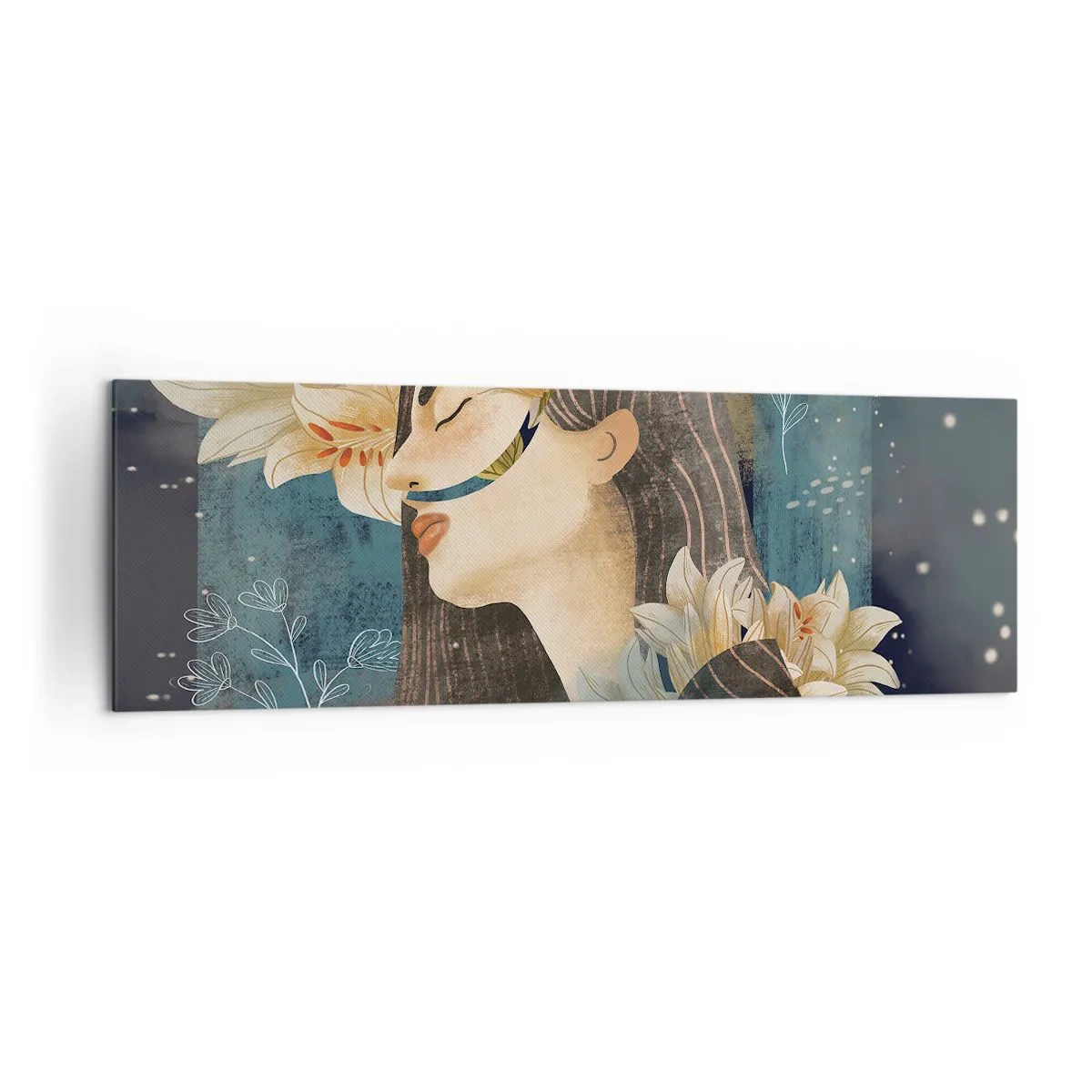 Obraz na płótnie - Portret kobiety z kwiatami w artystycznym stylu na ciemnym tle - 160x50cm - Baśń o królewnie z liliami - Nowoczesna dekoracja ścienna do salonu i sypialni ARTTOR