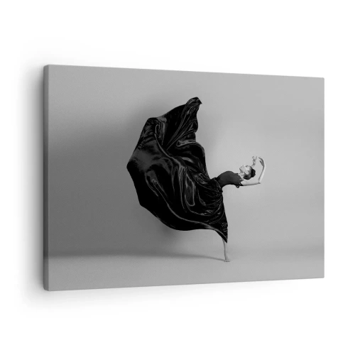 Obraz na płótnie - Elegancka tancerka w czarnej sukni w ruchu - 70x50cm - Uskrzydlona muzyką - Nowoczesna dekoracja ścienna do salonu i sypialni ARTTOR