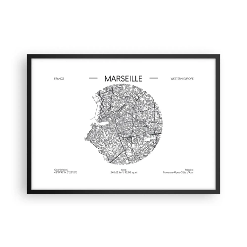 Plakat w czarnej ramie - Mapa Marsylii w minimalistycznym stylu - 70x50cm - Anatomia Marsylii - Nowoczesna dekoracja ścienna do salonu i sypialni ARTTOR