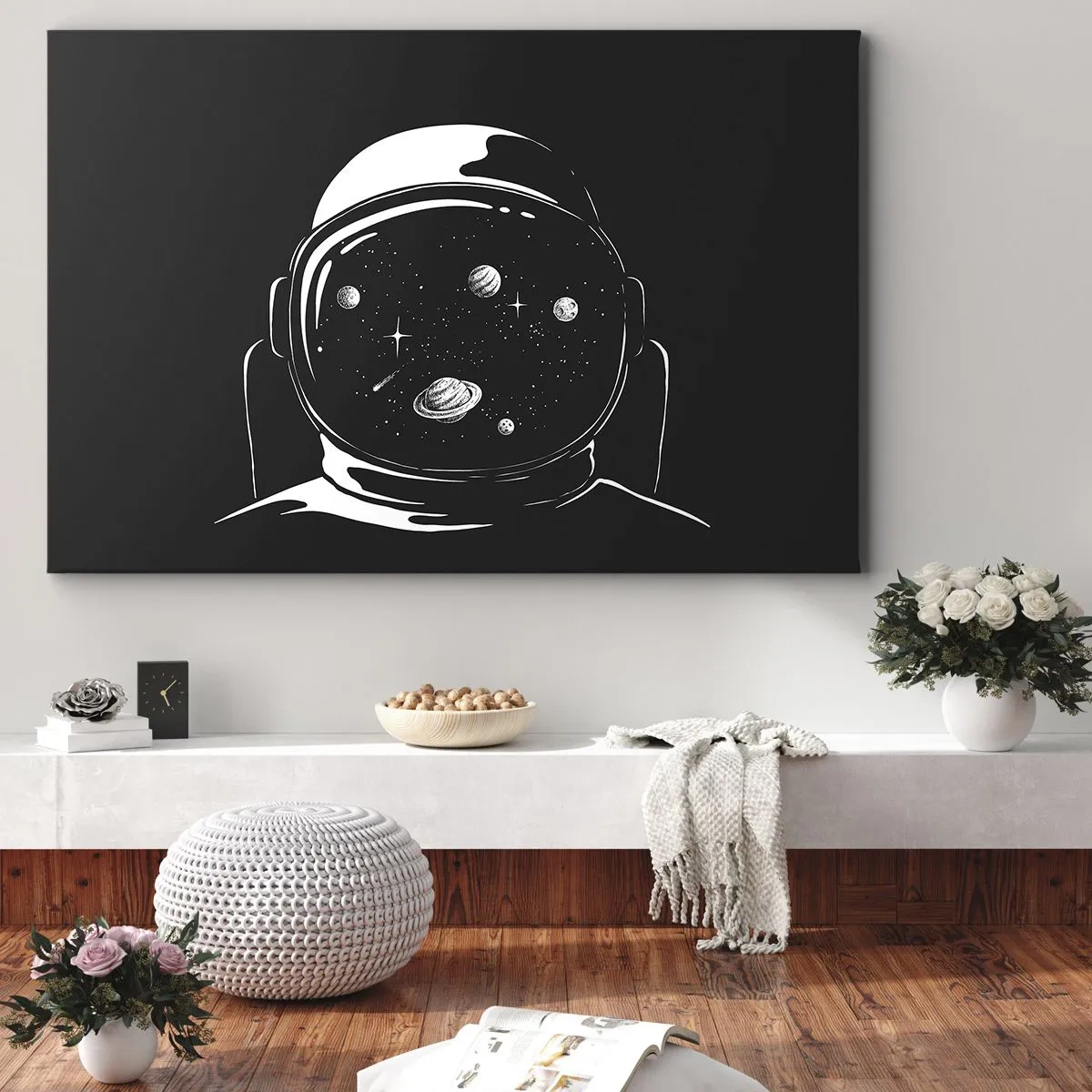 Obraz na płótnie - Astronautyczny hełm z widokiem na kosmos w minimalistycznym stylu - 70x50cm - Niezły widok - Nowoczesna dekoracja ścienna do salonu i sypialni ARTTOR