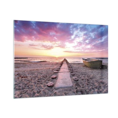 Obraz na szkle - Plaża o zachodzie słońca z łodzią i pomostem - 100x70cm - Chwila głębokiego przeżycia - Nowoczesna dekoracja ścienna do salonu, kuchni i sypialni ARTTOR