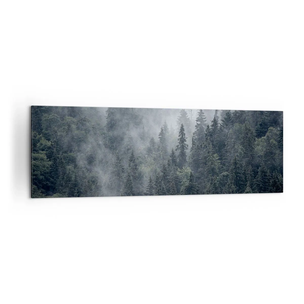 Obraz na płótnie - Mglisty las iglasty w tonacji szarości i zieleni - 160x50cm - Leśny świt - Nowoczesna dekoracja ścienna do salonu i sypialni ARTTOR
