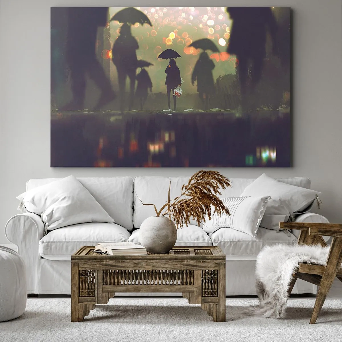 Obraz na płótnie - Postać z parasolem w deszczowy wieczór wśród świateł miasta - 70x50cm - Z perspektywy kropli deszczu - Nowoczesna dekoracja ścienna do salonu i sypialni ARTTOR