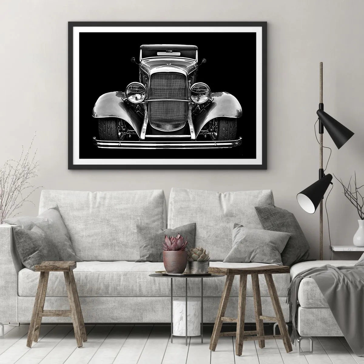 Plakat w czarnej ramie - Zabytkowy samochód w czarno-białej kolorystyce - 70x50cm - Prawdziwy gentelman - Nowoczesna dekoracja ścienna do salonu i sypialni ARTTOR