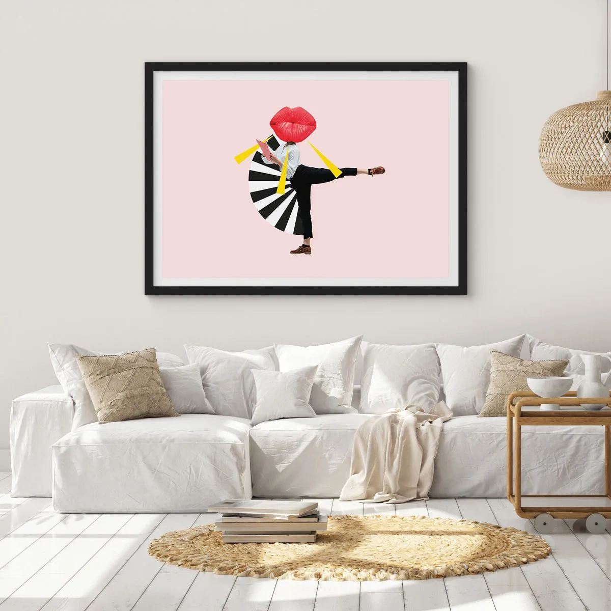 Plakat w czarnej ramie - Surrealistyczna postać z ustami i geometrycznymi elementami - 100x70cm - Surrealistyczny pop-art - Nowoczesna dekoracja ścienna do salonu i sypialni ARTTOR