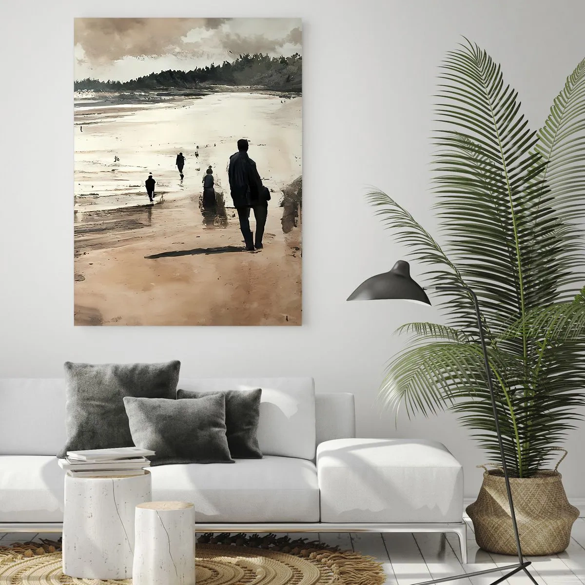 Obraz na szkle - Spacerujące sylwetki na szerokiej plaży przy pochmurnym niebie - 50x70cm - Przywołani - Nowoczesna dekoracja ścienna do salonu, kuchni i sypialni ARTTOR