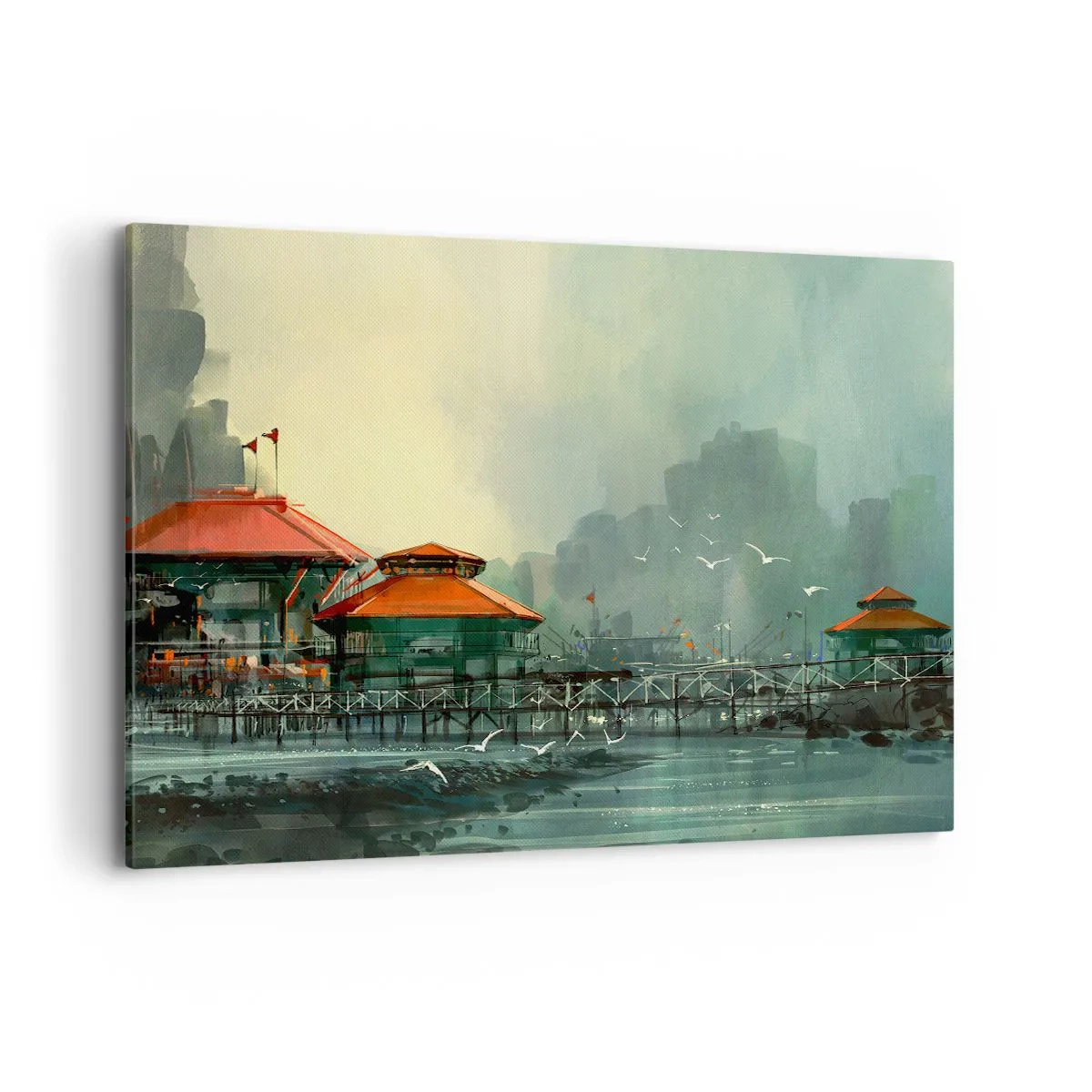 Obraz na płótnie - Portowa zabudowa w deszczowej scenerii z mewami - 120x80cm - Słotny dzień w porcie - Nowoczesna dekoracja ścienna do salonu, kuchni i sypialni ARTTOR