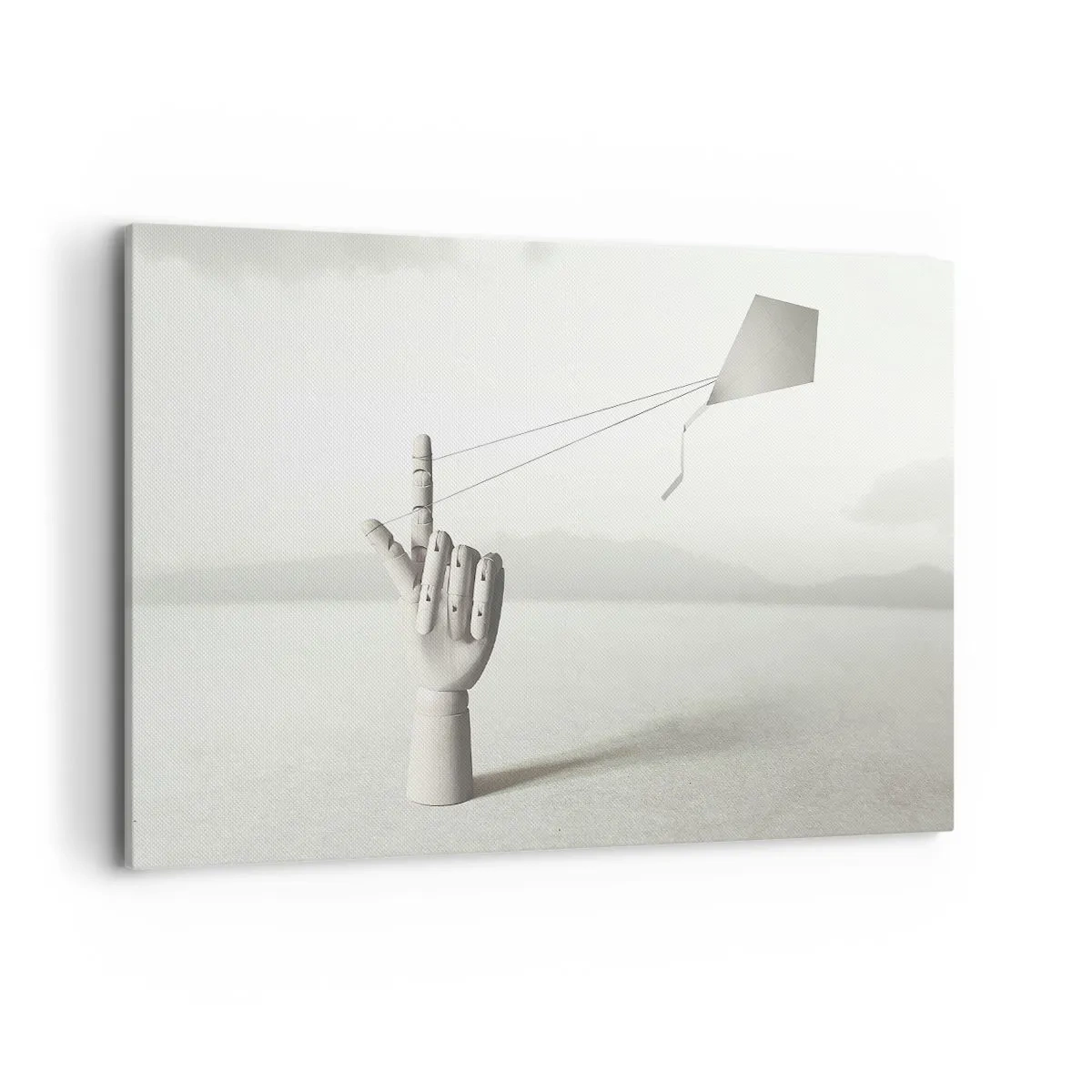 Obraz na płótnie - Minimalistyczna ręka drewniana z latawcem na tle pejzażu - 120x80cm - Próba sił - Nowoczesna dekoracja ścienna do salonu, kuchni i sypialni ARTTOR