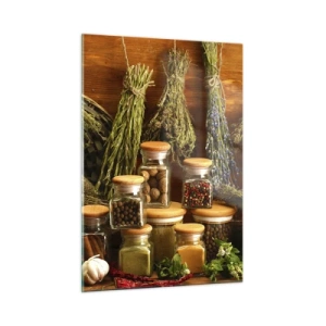 Obraz na szkle - Zioła i przyprawy w słoikach na drewnianym tle - 50x70cm - Kuchenne czary - Nowoczesna dekoracja ścienna do salonu, kuchni i sypialni ARTTOR