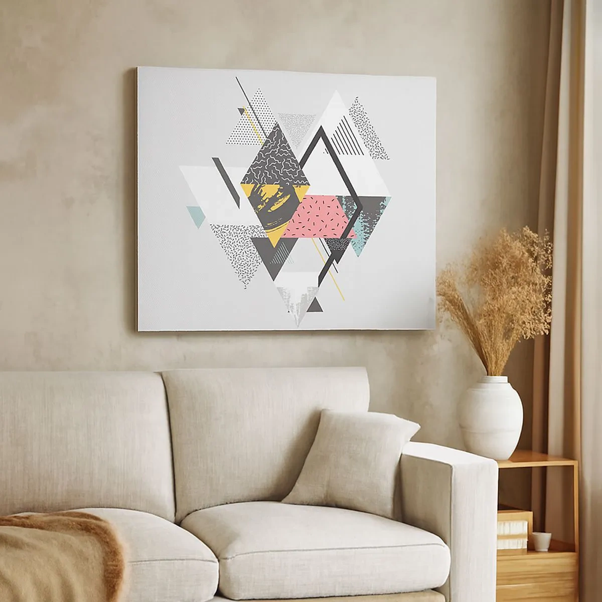 Obraz na płótnie - Geometryczne wzory na jasnym tle - 70x50cm - Wariacja na trójkąt i romb - Nowoczesna dekoracja ścienna do salonu i sypialni ARTTOR