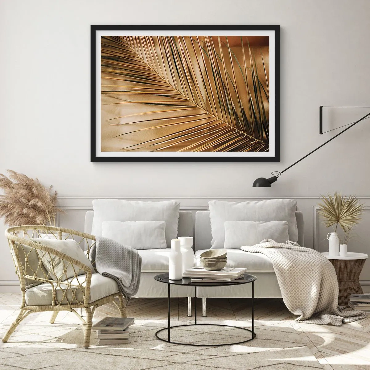 Plakat w czarnej ramie - Złota liść palmy na jednolitym tle - 100x70cm - Naturalna kolumnada - Nowoczesna dekoracja ścienna do salonu i sypialni ARTTOR