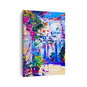 Obraz na płótnie - Kolorowy dziedziniec w stylu śródziemnomorskim - 50x70cm - Impresja - włoska uliczka - Nowoczesna dekoracja ścienna do salonu, kuchni i sypialni ARTTOR