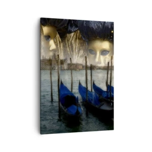 Obraz na płótnie - Gondole na wodzie z maskami weneckimi w tle - 50x70cm - Karnawał czas zacząć - Nowoczesna dekoracja ścienna do salonu, kuchni i sypialni ARTTOR