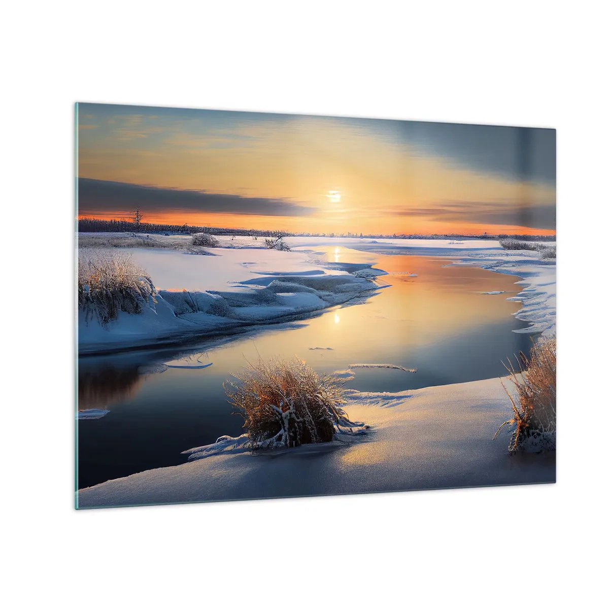 Obraz na szkle - Zimowy krajobraz z zachodem słońca nad zamarzniętą rzeką - 70x50cm - Zimowy zachód słońca - Nowoczesna dekoracja ścienna do salonu i sypialni ARTTOR