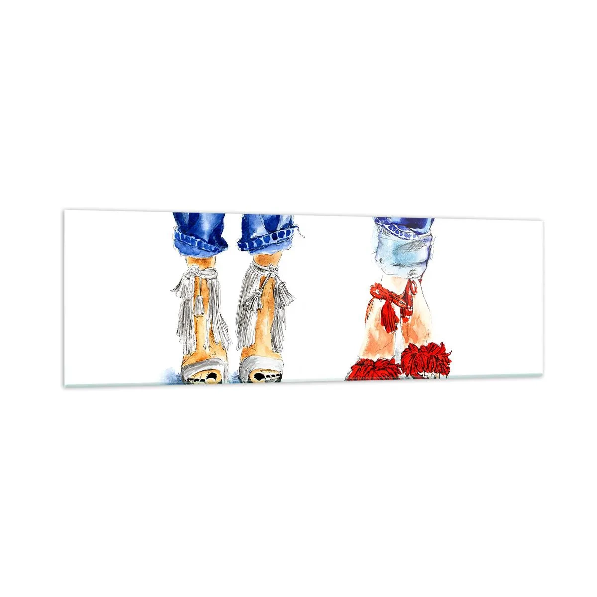 Obraz na szkle - Ilustracja dwóch par butów w stylowych sandałach i dżinsach - 160x50cm - Może pójdziemy na spacer? - Nowoczesna dekoracja ścienna do salonu i sypialni ARTTOR