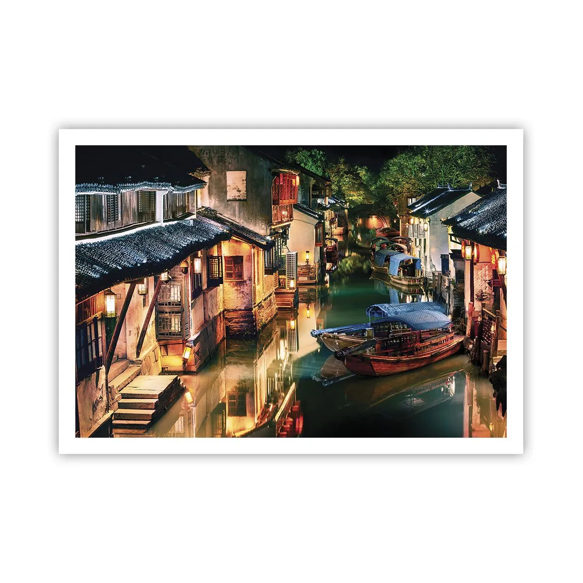 Plakat - Nocny widok na kanały z tradycyjnymi łodziami i domami - 100x70cm - Wieczór na chińskiej ulicy - Nowoczesna dekoracja ścienna do salonu i sypialni ARTTOR