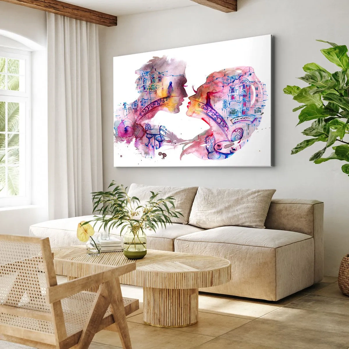 Obraz na płótnie - Romantyczna akwarela przedstawiająca sylwetki zakochanych - 70x50cm - Tajemny most westchnień - Nowoczesna dekoracja ścienna do salonu i sypialni ARTTOR