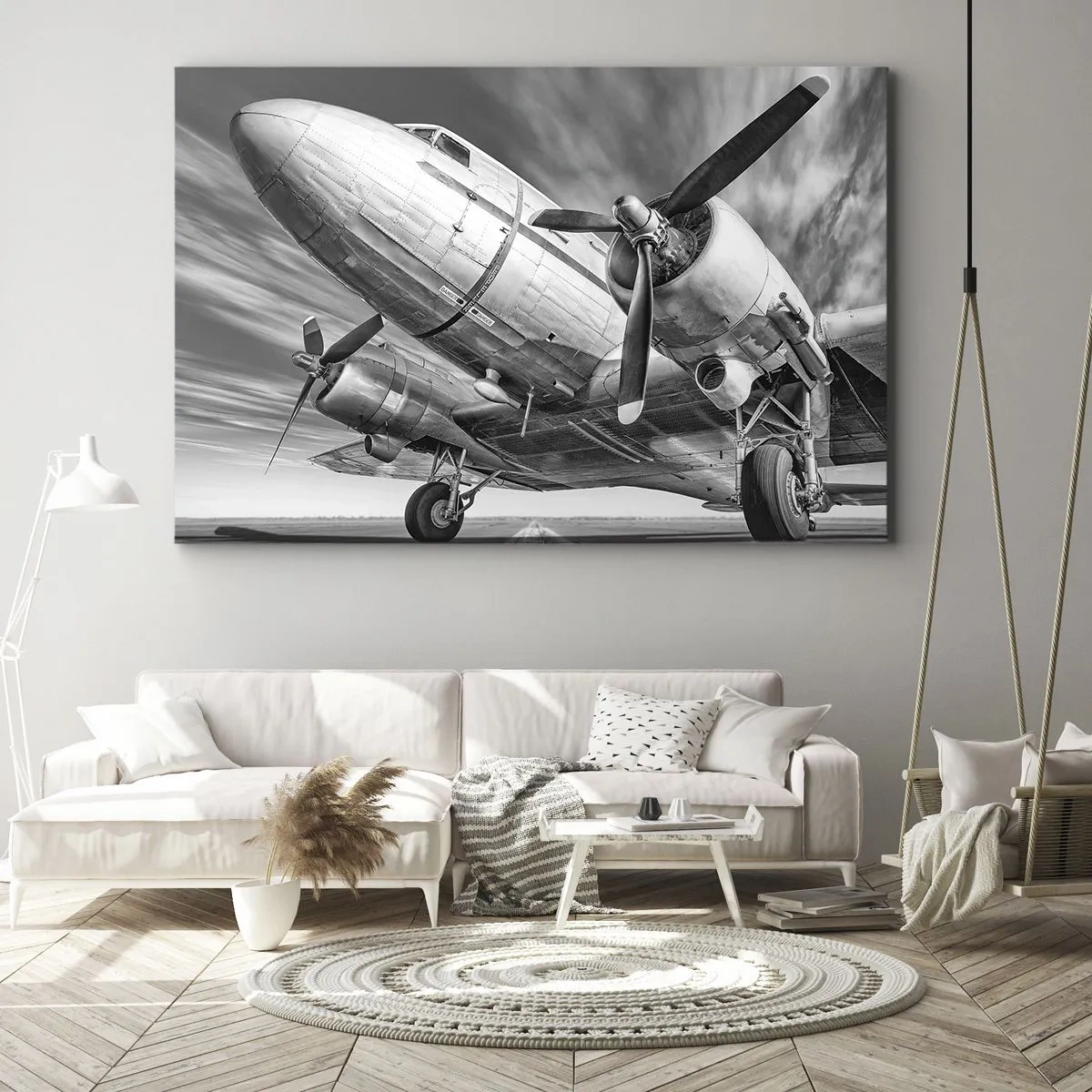 Obraz na płótnie - Czarno-biały wizerunek klasycznego samolotu z widocznymi szczegółami konstrukcji - 70x50cm - Zawsze gotowy do lotu - Nowoczesna dekoracja ścienna do salonu i sypialni ARTTOR