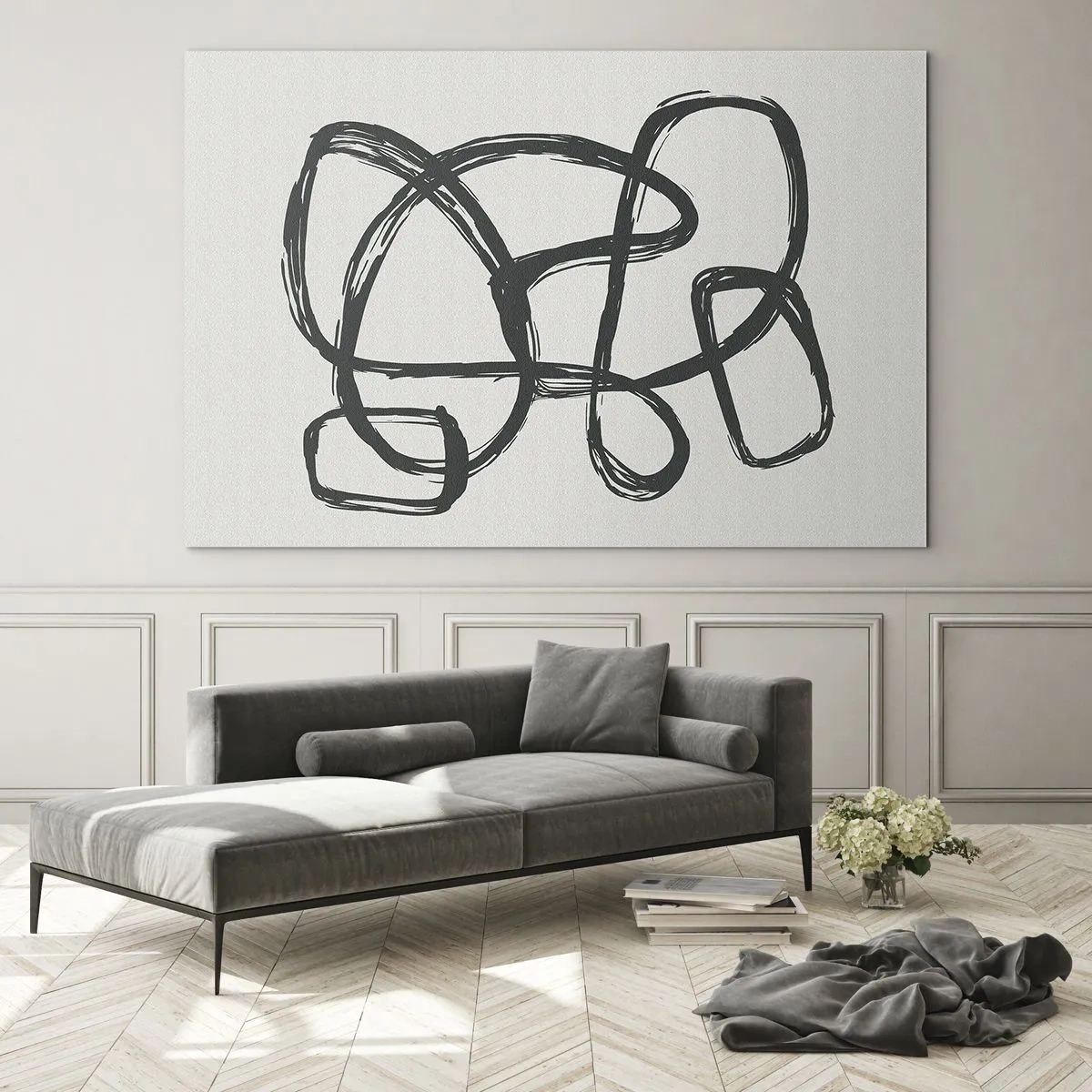 Obraz na szkle - Czarne pętle i linie tworzące abstrakcyjną kompozycję na białym tle - 70x50cm - Zapętlona abstrakcja - Nowoczesna dekoracja ścienna do salonu i sypialni ARTTOR