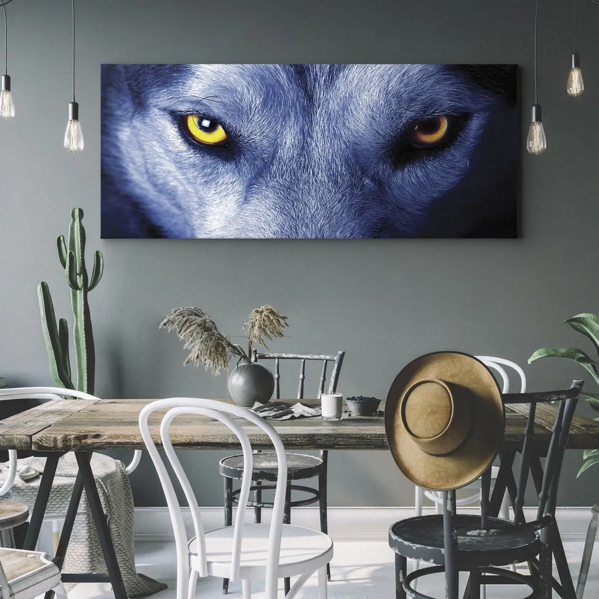 Obraz na płótnie - Intensywne spojrzenie wilka w zbliżeniu na ciemnym tle - 160x50cm - Hipnotyzujące spojrzenie - Nowoczesna dekoracja ścienna do salonu i sypialni ARTTOR