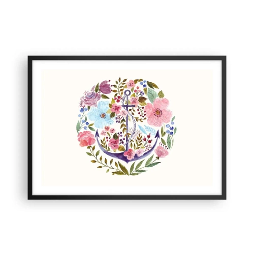Plakat w czarnej ramie - Kotwica otoczona kwiatami w akwarelowym stylu na jasnym tle - 70x50cm - Dobry sen żeglarza - Nowoczesna dekoracja ścienna do salonu i sypialni ARTTOR