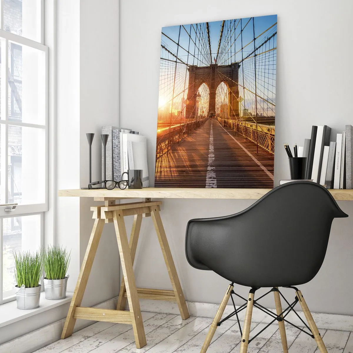 Obraz na szkle - Zachód słońca na moście Brooklyn w Nowym Jorku - 50x70cm - Na złotym moście - Nowoczesna dekoracja ścienna do salonu, kuchni i sypialni ARTTOR