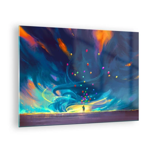 Obraz na szkle - Osoba trzymająca kolorowe balony na tle niebieskiego wiatru - 70x50cm - Na niebieski wiatr - Nowoczesna dekoracja ścienna do salonu i sypialni ARTTOR