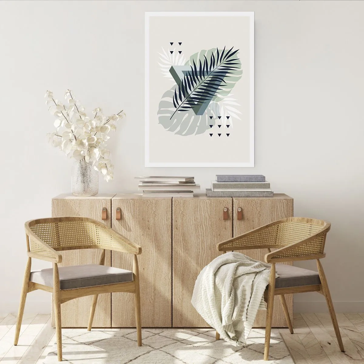 Plakat - Abstrakcyjne liście tropikalne na jasnym tle - 50x70cm - Natura i geometria – dwa porządki? - Nowoczesna dekoracja ścienna do salonu, kuchni i sypialni ARTTOR