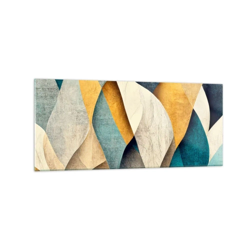 Obraz na szkle - Abstrakcyjne fale w odcieniach niebieskiego i złota - 120x50cm - Rytm i falowanie - Nowoczesna dekoracja ścienna do salonu i sypialni ARTTOR