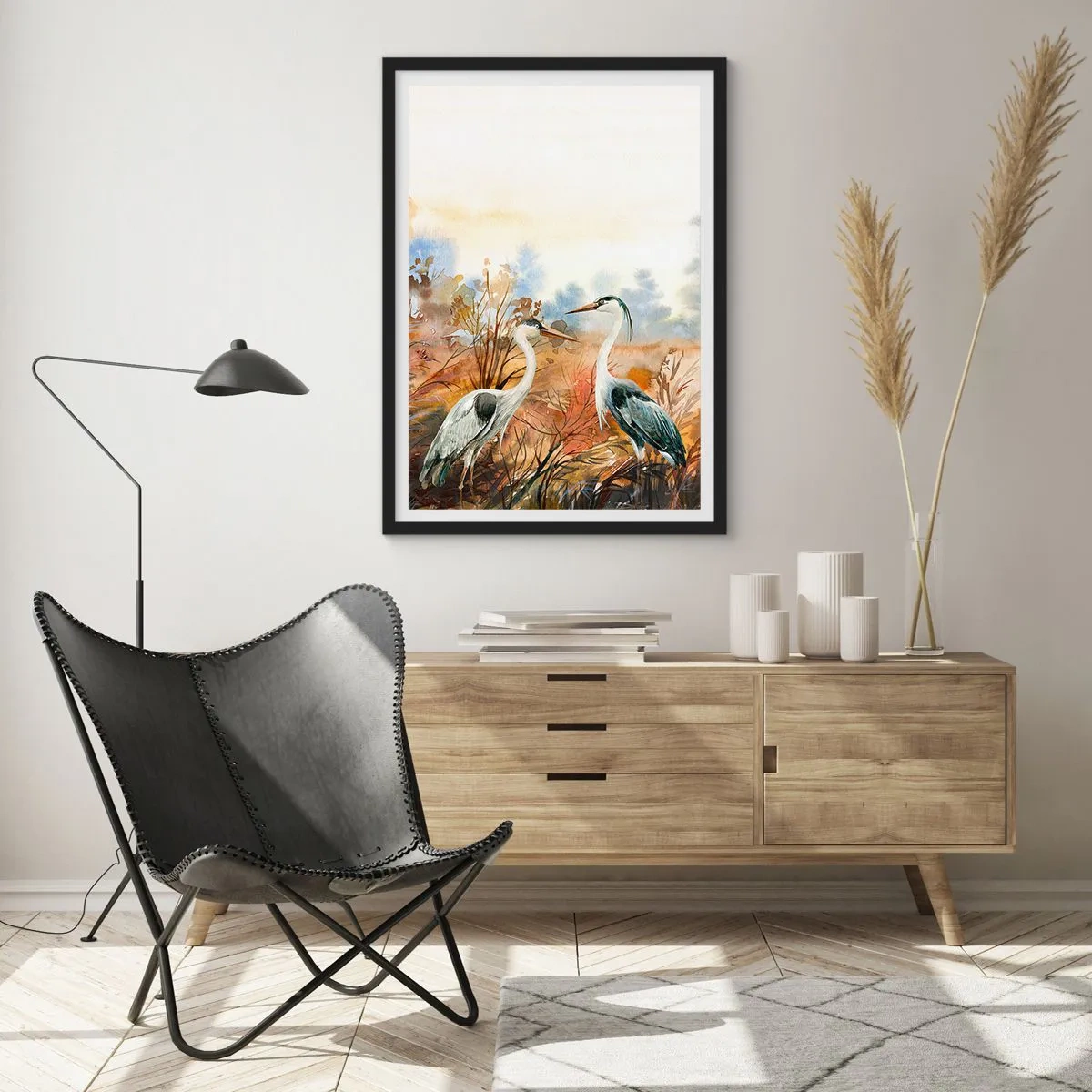 Plakat w czarnej ramie - Żurawie na tle jesiennego pejzażu w akwareli - 50x70cm - Dokąd jesienią? - Nowoczesna dekoracja ścienna do salonu i sypialni ARTTOR