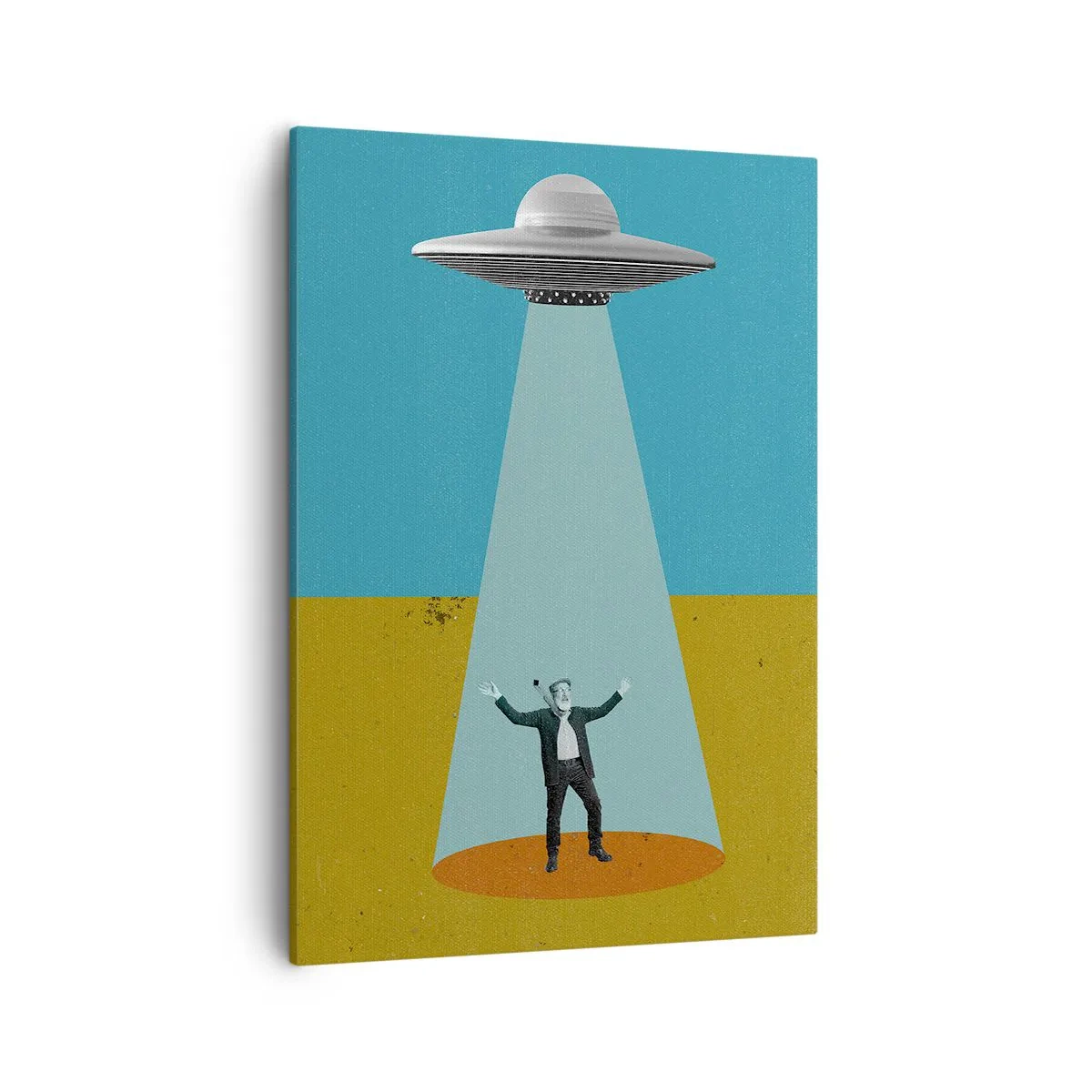 Obraz na płótnie - Surrealistyczna scena porwania przez UFO w stylu retro kolażu - 50x70cm - Bliskie spotkanie - Nowoczesna dekoracja ścienna do salonu, kuchni i sypialni ARTTOR