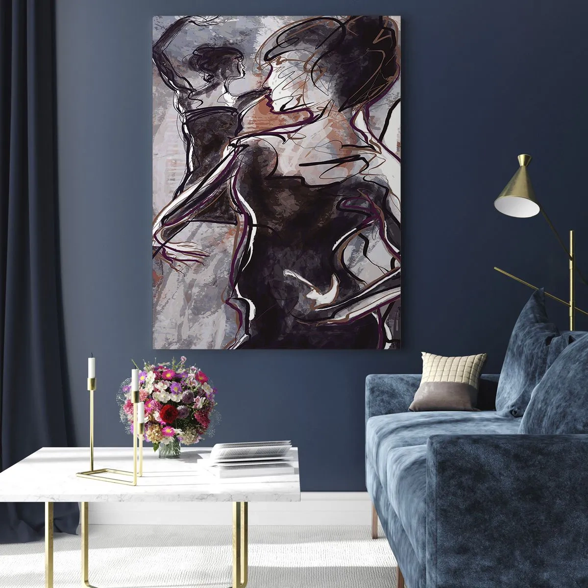 Obraz na szkle - Tancerki i saksofonista w artystycznym stylu szkicu - 50x70cm - Rozpłynąć się w muzyce - Nowoczesna dekoracja ścienna do salonu, kuchni i sypialni ARTTOR