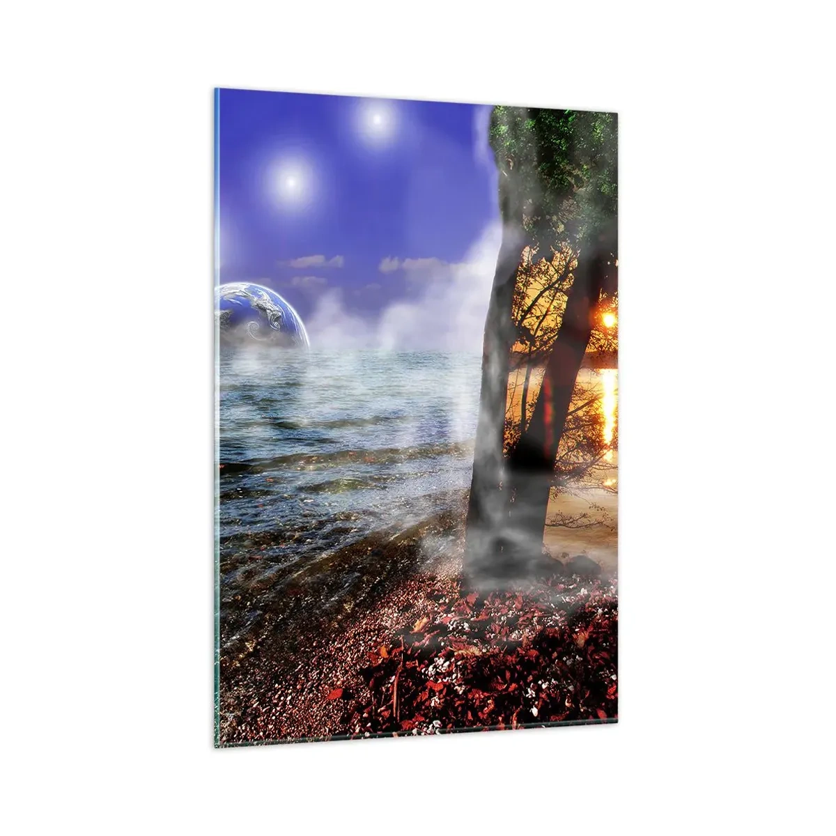 Obraz na szkle - Fantastyczny krajobraz z morzem, drzewem i zachodem słońca. - 80x120cm - Pejzaż surrealistyczny - jedność natury - Nowoczesna dekoracja ścienna do salonu i sypialni ARTTOR