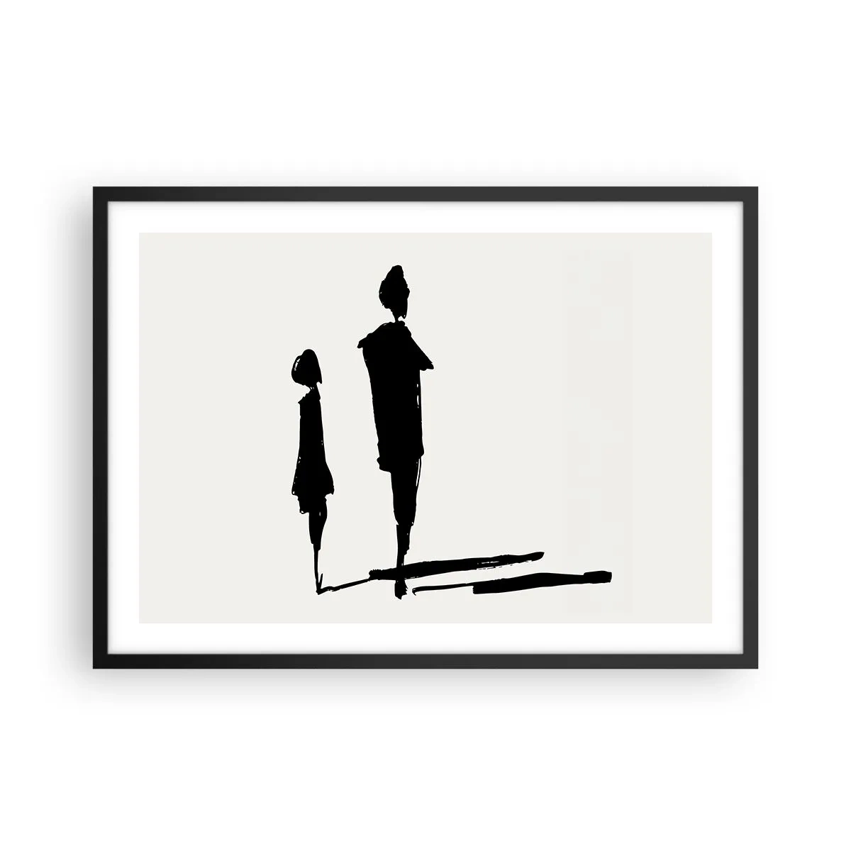 Plakat w czarnej ramie - Sylwetki dwóch osób w czerni na jasnym tle - 70x50cm - Na pewno razem? - Nowoczesna dekoracja ścienna do salonu i sypialni ARTTOR