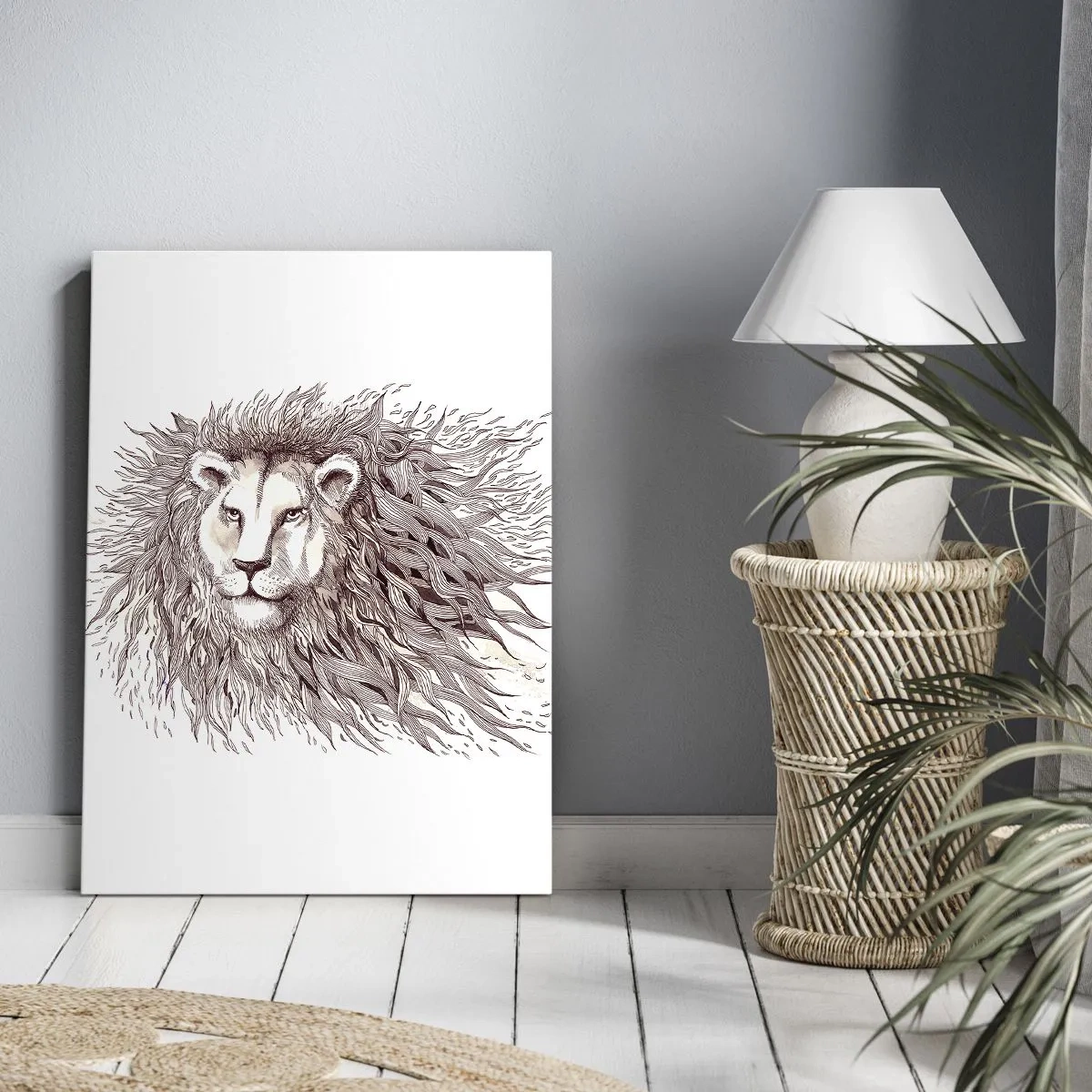 Obraz na płótnie - Lew z dynamicznie przedstawioną grzywą w artystycznym rysunku - 50x70cm - Płomienny władca - Nowoczesna dekoracja ścienna do salonu, kuchni i sypialni ARTTOR
