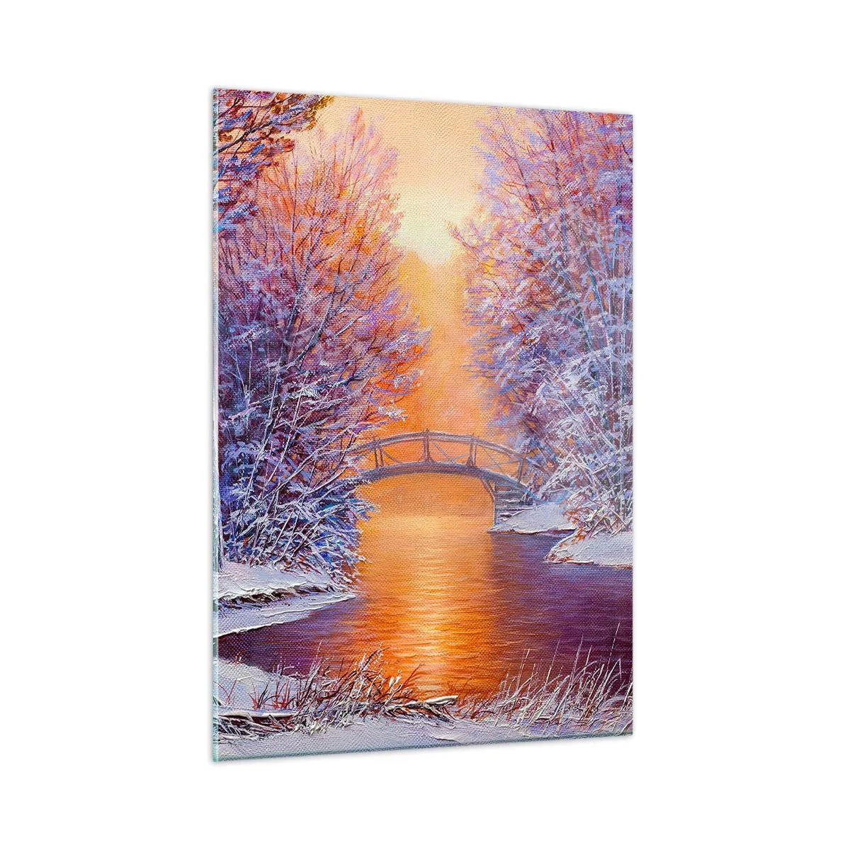 Obraz na szkle - Zimowy krajobraz z mostem i ośnieżonymi drzewami przy zachodzie słońca - 50x70cm - Spotkajmy się tu - Nowoczesna dekoracja ścienna do salonu, kuchni i sypialni ARTTOR