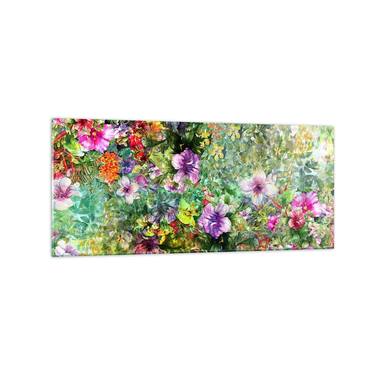 Obraz na szkle - Kolorowa kompozycja kwiatów na zielonym tle - 120x50cm - W kwiaty na zatracenie - Nowoczesna dekoracja ścienna do salonu i sypialni ARTTOR