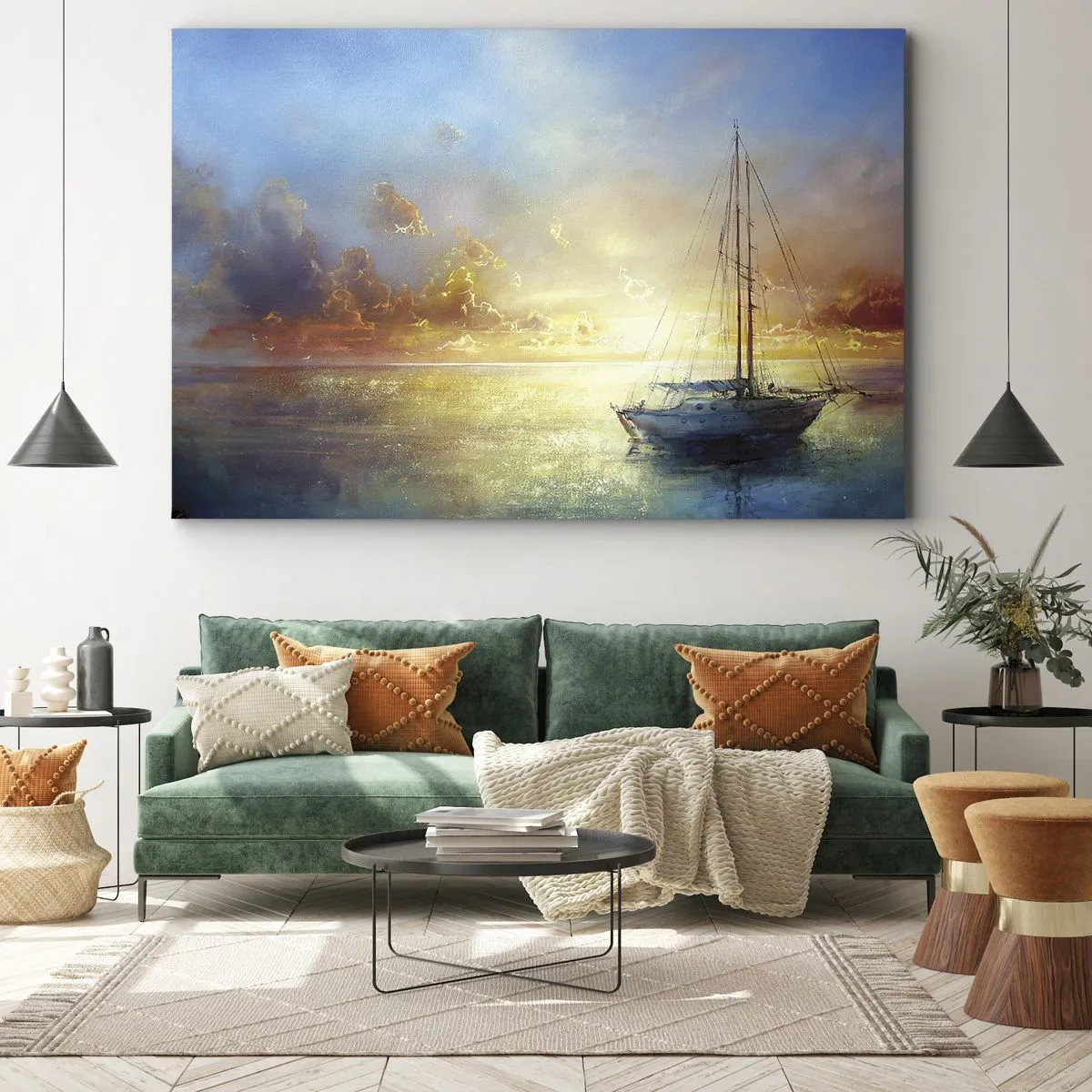 Obraz na płótnie - Jacht na spokojnym morzu o zachodzie słońca - 70x50cm - W złotej zatoce - Nowoczesna dekoracja ścienna do salonu i sypialni ARTTOR