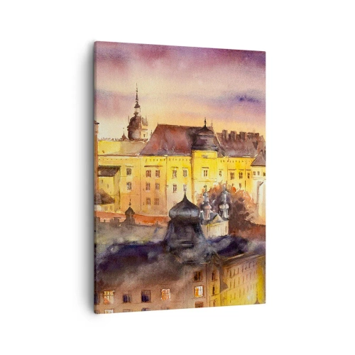 Obraz na płótnie - Malownicza akwarela przedstawiająca zabytkowe budynki w blasku zachodu słońca - 50x70cm - Historia i baśń - Nowoczesna dekoracja ścienna do salonu, kuchni i sypialni ARTTOR