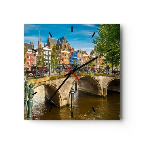 Zegar ścienny - Malowniczy kanał z mostem w Amsterdamie - 30x30cm - Wiosna nad kanałem - Nowoczesna dekoracja ścienna do salonu i sypialni ARTTOR