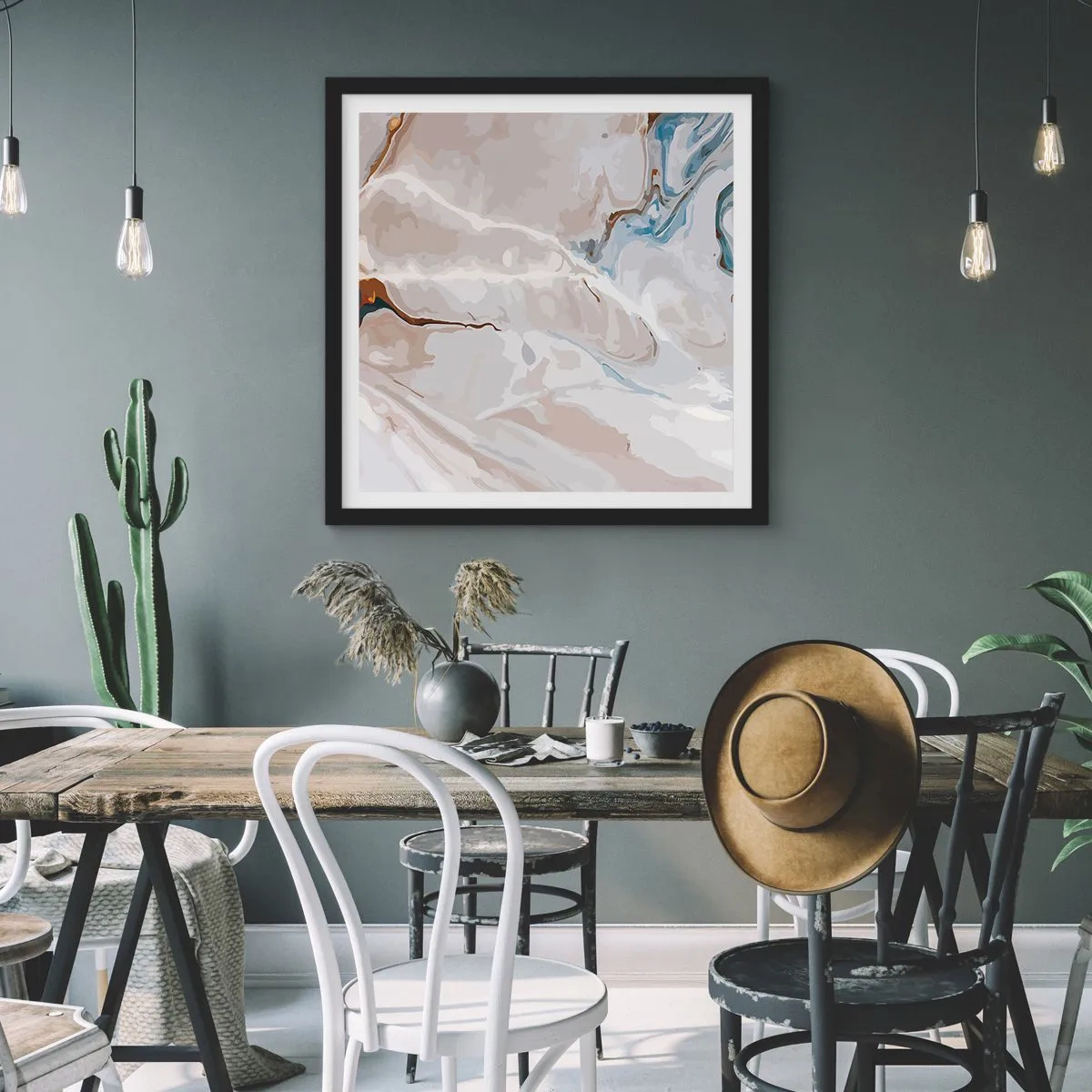 Plakat w czarnej ramie - Błękitne meandry pod bielą - 40x40 cm