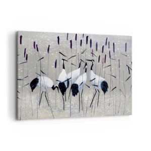 Obraz na płótnie - Czaple wśród traw na spokojnym tle - 100x70cm - Wśród swoich - Nowoczesna dekoracja ścienna do salonu, kuchni i sypialni ARTTOR