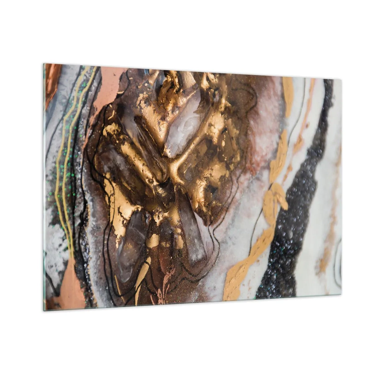 Obraz na szkle - Abstrakcyjny obraz w odcieniach złota, brązu i bieli, z teksturą przypominającą minerały - 100x70cm - Żywioł ziemi - Nowoczesna dekoracja ścienna do salonu, kuchni i sypialni ARTTOR